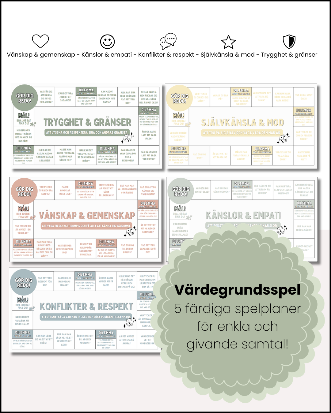 Värdegrundsspel - 5 spelplaner